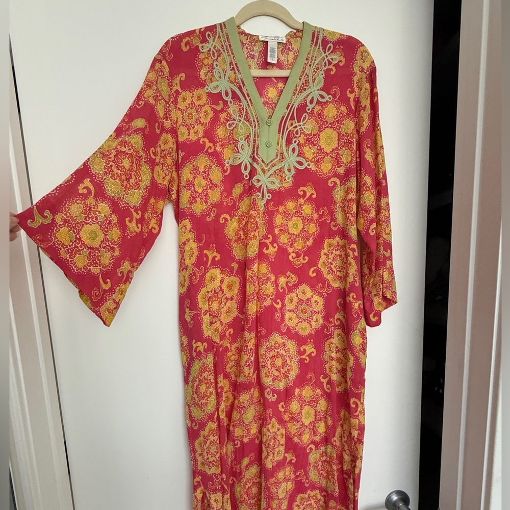 Oscar de la Renta Coral red and Yellow Floral Kaftan Size S